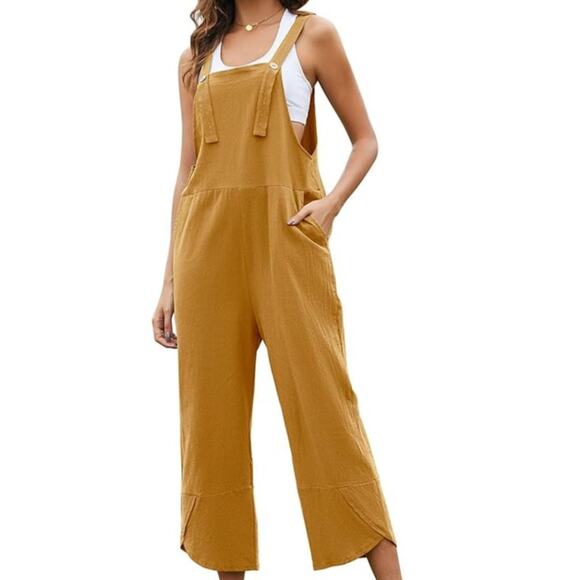 Wide Leg Overall Jumpsuit Harem Bib Pants Cotton Linen Ginger Size Large - Picture 5 of 5